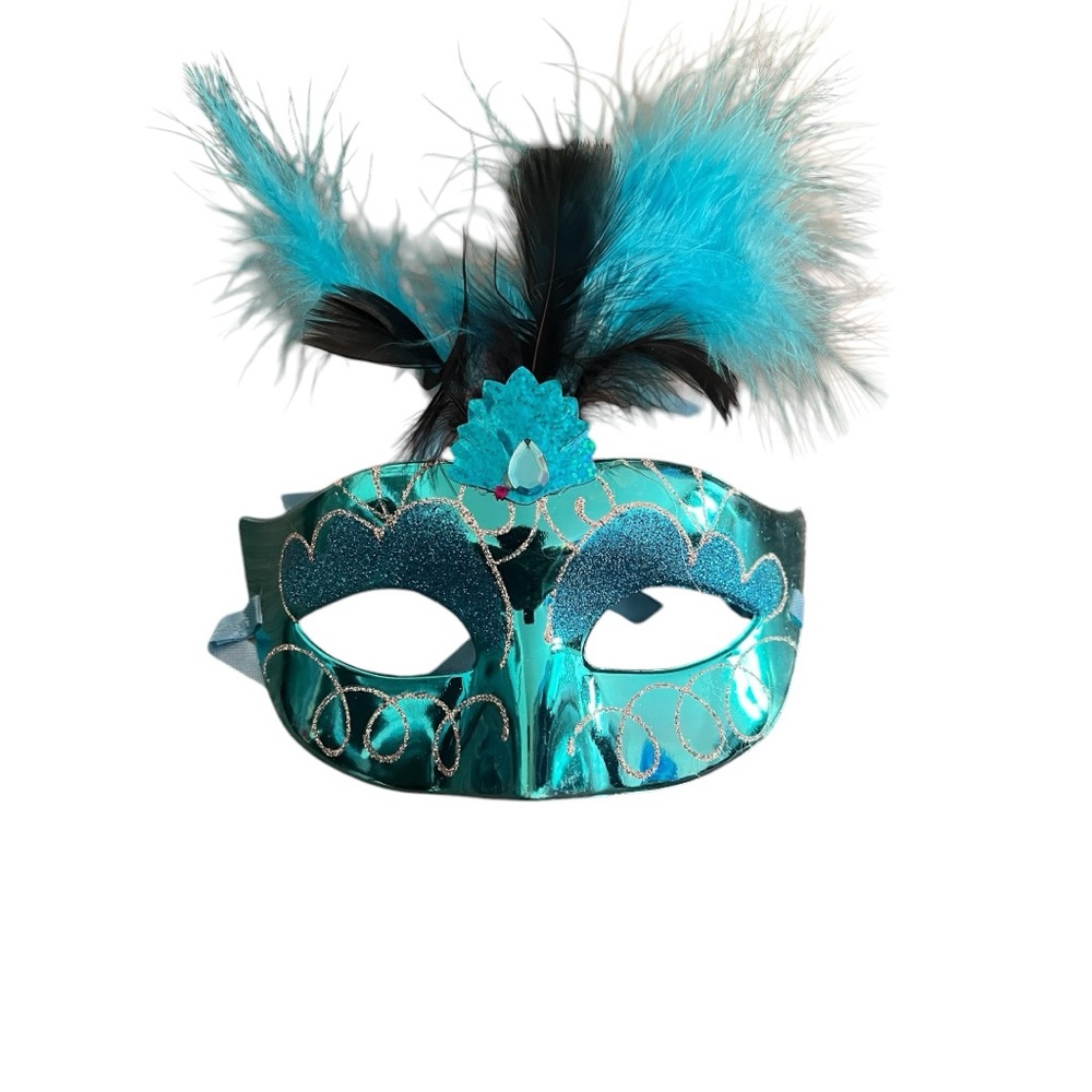 Fancy Feather Masquerade Mask - Turquoise & Black